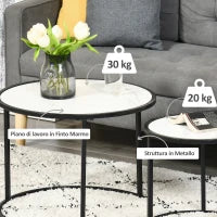 Set di 2 Tavolini da Salotto Rotondi Impilabili in Acciaio ed Effetto Marmo, Bianco