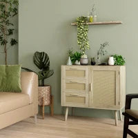 Mobile Multiuso Stile Boho con Armadietto e 3 Cassetti in Legno e Rattan, 80x36x75cm, Rovere