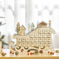 Calendario dell'Avvento in Legno a Forma di Slitta con 24 Cassetti da Riempire, Decorazioni e Luci a LED, 45x10x31cm