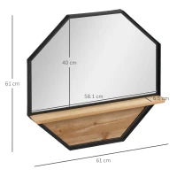 Specchio da Parete Ottagonale in Metallo con Mensola in Legno, 61x61cm Nero