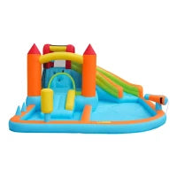 Castello gonfiabile multiuso con scivolo d'acqua, trampolino, canestro da basket e pistola ad acqua, 460x343x190 cm, Arancione