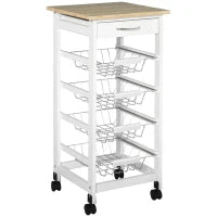 Carrello da Cucina con Scomparti Multipli su Ruote, 4 Cesti in Metallo, Cassetto, in Legno di Pino, 37 x 37 x 82 cm, Bianco