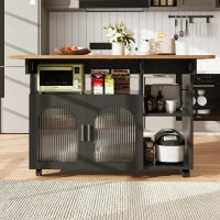 Isola cucina moderna con spazio di conservazione e armadietti con ante in vetro, 120×30×79,5 cm, Nero e Legno naturale