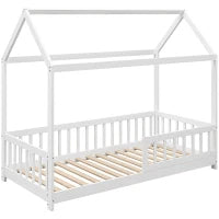 Struttura Letto per Bambini a Forma di Casetta con Doghe e Recinzione, in Legno di Pino, 96x195x165 cm, Bianco