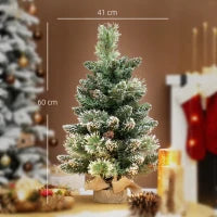 Albero di Natale Piccolo Alto 60 cm con 35 Luci LED Bianche, 64 Rami Ignifughi con Pigne, Verde