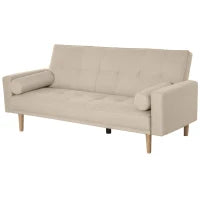 Divano Letto 3 Posti con Schienale Regolabile su 3 Livelli, 2 Cuscini e Braccioli Rimovibili, Beige, 185x84x85cm