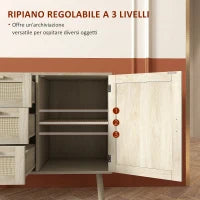 Mobile Multiuso Stile Boho con Armadietto e 3 Cassetti in Legno e Rattan, 80x36x75cm, Rovere