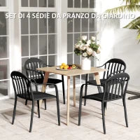 Set 4 Sedie da Giardino Impilabili in PP con Schienale Alto e Braccioli, 57x54x78 cm, Nero