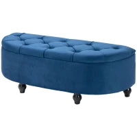 Pouf Contenitore 2 in 1, Panca Fondo Letto Imbottita a Semicerchio, Gambe in Legno di Gomma, Rivestimento in Velluto, Blu
