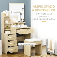 Toeletta da Trucco con Specchio, Tavolo da Trucco, Sgabello, 4 Cassetti e 4 Ripiani, Colore Legno