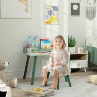 Set Sedia e Tavolino per Bambini con Ripiano Portaoggetti, in MDF e Legno di Pino, Verde