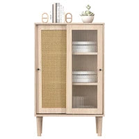 Credenza moderna in Legno con Ante Scorrevoli in Vetro e Rattan Sintetico a 6 ripiani Interni, color Quercia
