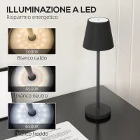 Lampada da Tavolo Portatile in Acrilico e Metallo da 3600mAh con Cavo di Ricarica, Ø11.2x36.5 cm, Nero