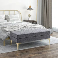 Panca Fondo Letto a 2 Strati in Tessuto Effetto Velluto e Acciaio, 121x50.5x46.5 cm, Grigio Scuro e Oro