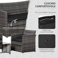 Set 4 P.zi Mobili da Giardino in Rattan (PE), Salotto da Esterni con Tavolo, 2 Sedie, Divano due posti, Grigio