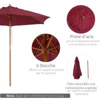 Ombrellone da Giardino Rotondo, in Legno e Poliestere con Apertura a Corda, 2.5x2.3 m, Bordeaux