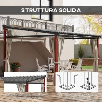 Pergola con Tende Laterali e Tetto Retrattile in PC, in Alluminio e Metallo, 345x300x215-255 cm, Crema