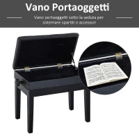 Sgabello per Pianoforte Trapuntato con Vano Contenitore, in Legno e Pelle PU, 54.5x33x48-58 cm, Nero