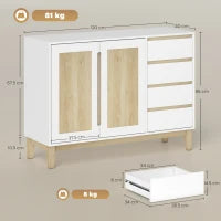 Credenza con 2 porte e 4 cassetti, con scaffale regolabile, 120 x 40 x 86 cm, Bianco e rovere