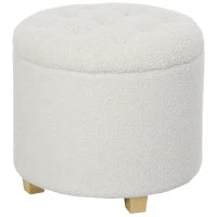 Pouf contenitore, sgabello rotondo, pouf poggiapiedi in tessuto bouclette, capacità 120 Kg, Ø 45 x 41 cm, bianco