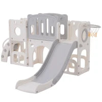 Scivolo Multifunzione 6-in-1 per Bambini con Rampa, Doppia Piattaforma, Armadietti, Canestro e Scala, in Polietilene ad Alta Densità, 174x150x95 cm - Scivolo da Giardino per Bambini, Grigio+Bianco