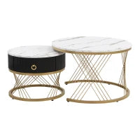 Set di 2 Tavolini da Salotto Moderni Modulari in Marmo Sintetico con Dettagli Dorati e Cassetti, Dimensioni 70x70x45 cm e 50x50x40 cm, Bianco