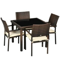 Set da Esterni in Rattan PE con Tavolo e 4 Sedie con Cuscini, Marrone