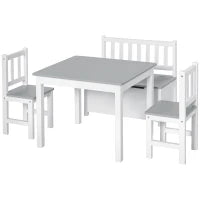 Set Tavolo per Bambini con 2 Sedie e Cassapanca in Legno per Cameretta, Bianco e Grigio