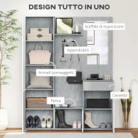 Mobile da Ingresso 4 in 1 con Specchio, Ganci e Ripiani Interni, in Legno, 145x29x184 cm, Grigio e Bianco