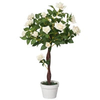 Pianta Finta di Rosa da 21 Fiori con Vaso Riempito in Cemento e Muschio, Pianta Artificiale in Plastica e Tessuto, Ø18x90 cm, Bianco e Verde