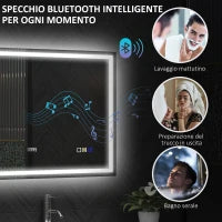 Specchio Bagno Antiappannante con Luce LED Regolabile, Speaker Bluetooth, Pulsanti Touch, 80x100 cm