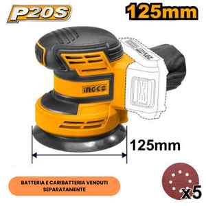 Levigatrice rotorbitale batteria al litio 20v nuda 5 fogli carta abrasiva
