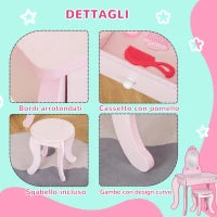 Tavolo Trucco per Bambini con Sgabello in Legno, Toeletta con Specchio e Cassetto, 60x36x88cm, Rosa