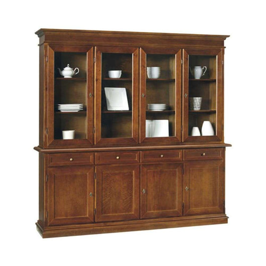 Cristalleria color noce con 8 ante e 4 cassetti in stile classico in legno e mdf con rifinitura in noce lucido 205x42x205 H