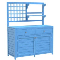 Armadio da giardino in legno con ripiani, armadio multifunzionale per esterni con piano aperto, 141,5x44x105 cm, Blu