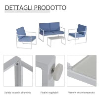 Salotto da Giardino, Divano da Giardino, Set Mobili da Esterno con Poltrona da Giardino in Metallo e Poliestere, Bianco e Blu