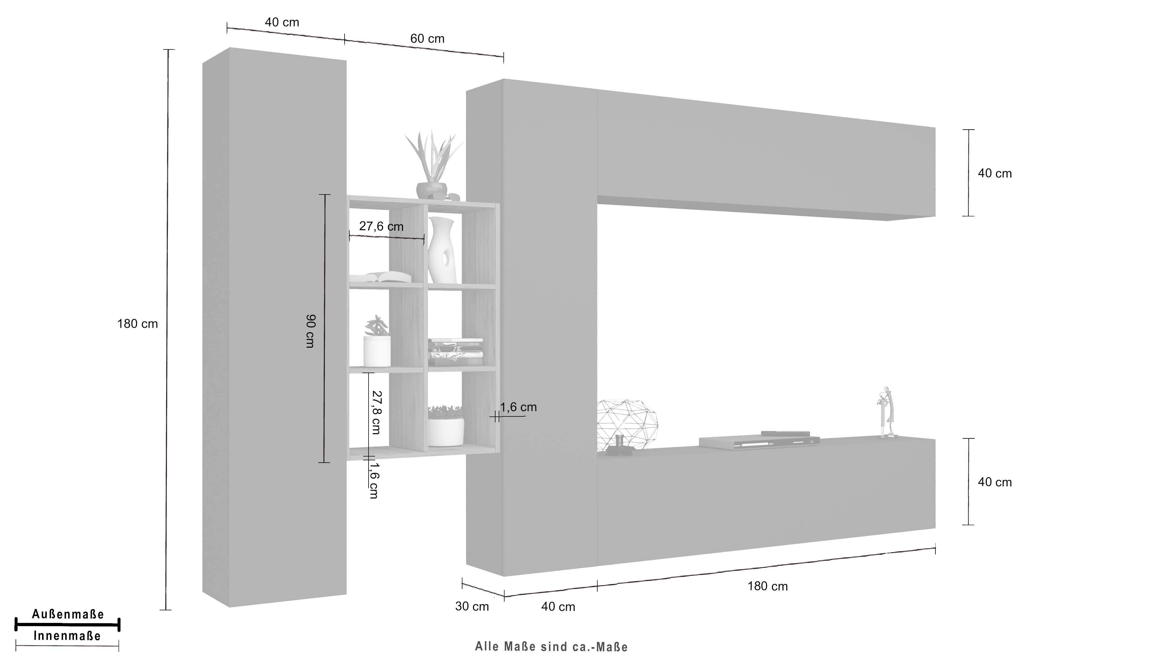 Parete attrezzata sospesa grigia con mobile TV libreria 2 armadi Sid RT