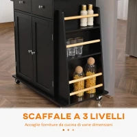 Carrello da Cucina con Armadietto, 2 Cassetti e Portaspezie, Isola da Cucina in Legno, 89x45x89.5cm, Nero