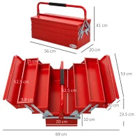 DURHAND Cassetta Porta Attrezzi in Acciaio Pieghevole con 5 Vassoi, Valigetta Porta Attrezzi 56x20x41 cm, Rosso