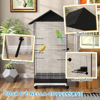 Gabbia per Uccelli con Ruote e Vassoio Estraibile, Voliera Alta 155 cm con Posatoi e Mangiatoie, Nero