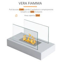 Camino a Bioetanolo da Tavolo 830 W Bruciatori senza Residui Inodore In Acciaio Inox con Vetro 35x18x21 cm Bianco