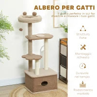 Albero Tiragraffi per Gatti con Lettino, Casetta e Piattaforme, in Legno e Cashmere, 48x40x133 cm, Marrone