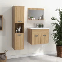 kleankin Set di Mobili per il Bagno Armadietto Specchiera, Mobile Sottolavabo Sospeso con Lavabo, Colonna, Naturale