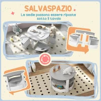 Set con Tavolo per Bambini e 4 Sgabelli Salvaspazio con Vano Contenitore in Legno, Grigio