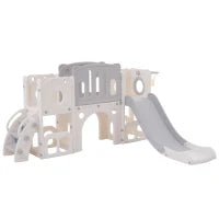 Scivolo Multifunzione 6-in-1 per Bambini con Rampa, Doppia Piattaforma, Armadietti, Canestro e Scala, in Polietilene ad Alta Densità, 174x150x95 cm - Scivolo da Giardino per Bambini, Grigio+Bianco