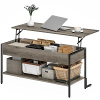 Tavolino con piano sollevabile, tavolino da salotto con vano nascosto e ripiano aperto, 95x40x59cm, grigio