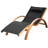 Lettino Prendisole Chaise Longue con Poggiatesta in Legno e Tessuto a Rete, 165x72x86cm