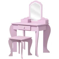 Set Toeletta per Bambina con Specchio Trucco e Sgabello Abbinato in Legno, Cassetto e Contenitori, Rosa
