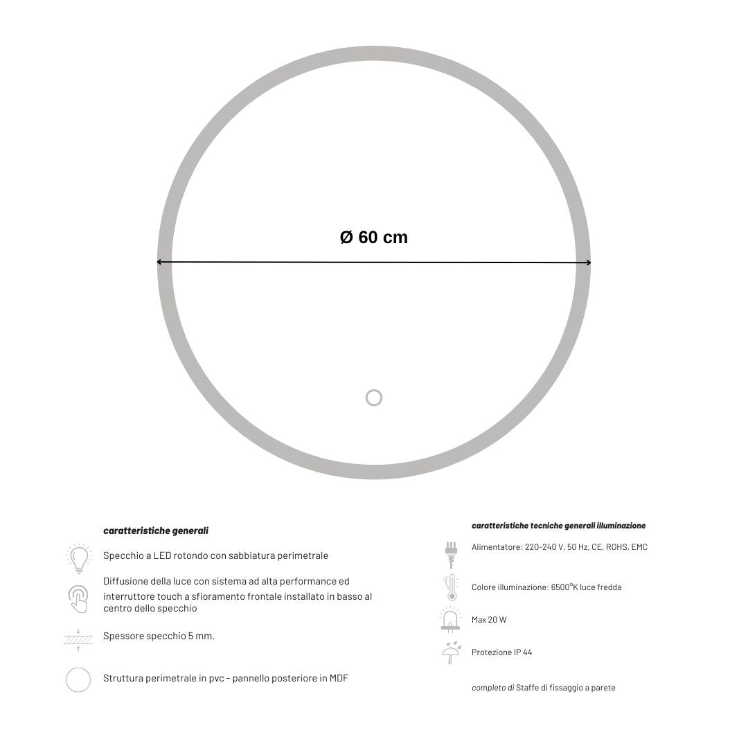 Specchio 5 mm tondo led interruttore touch struttura pvc pannello mdf *** misura Ã˜60, tonalità dimmerabile 2700-450...