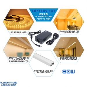 Alimentatore optonica 6119 80w 12v 6.5a ip20 per strisce led alta efficienza